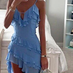 V-Neck Ruffle High Low Dress - size Small